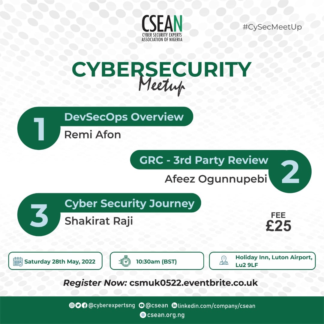 atsen_'s tweet photo. If you are in the UK and want to network with Cybersecurity professionals, this advert is for you.

Join the @cyberexpertsng UK chapter as people share from their knowledge and experiences in the Cybersecurity industry.

It's not free, but it is definitely worth it! #CySecMeetUp https://t.co/g8cSi631zd