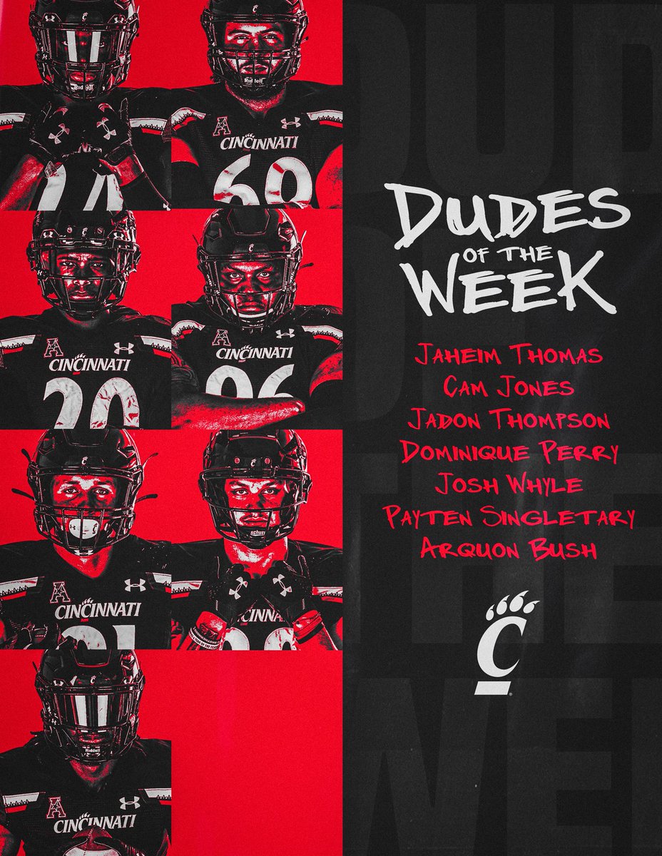 🚨 @GoBearcatsFB DUDES OF THE WEEK🚨 BIG TIME start to the Summer Program for the Boys in ⚫️🔴💪🏾💪🏻🔥🔥S/O 2 @JaheimThomas454 @Cam_J14 @Jay_Thompson5 @domounchy @JoshWhyle81 @payten_88 @ArquonB #TOUGHandNASTY #CLIFTONstyle