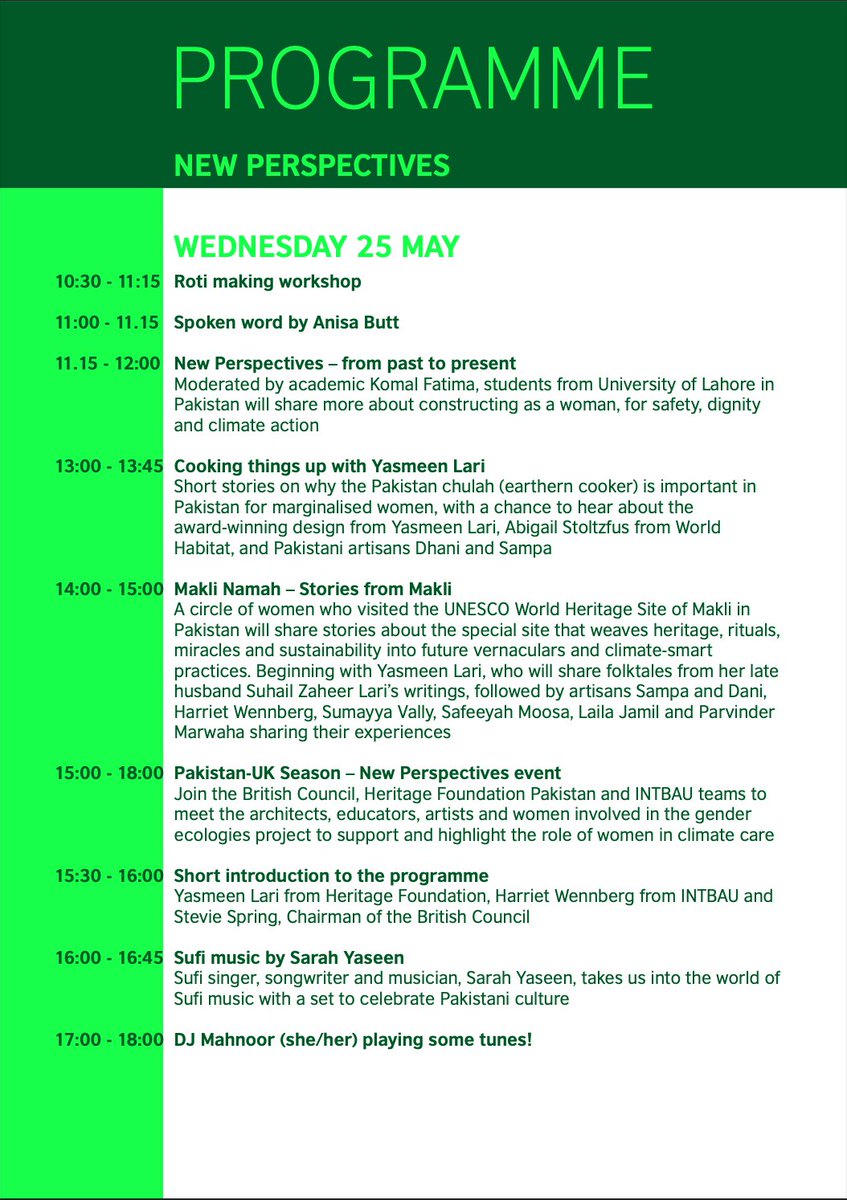 IntbauPakistan's tweet photo. Programme for the @Genderecologies week celebrating strong women and especially #Pakistani women dedicated to innovation in natural builds, arts and culture. Visit Granary Square in #London May 21-26th 2022 https://t.co/T7eFR3JRhU