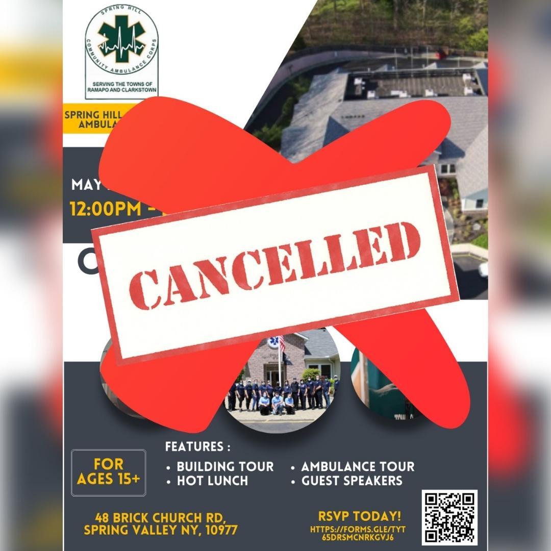 Please note that the Open House event scheduled for May 22nd has been cancelled.

Thank you for understanding. Please follow us today to stay updated on all of our events!

#SpringHillEMS #OpenHouse #EventCancellation