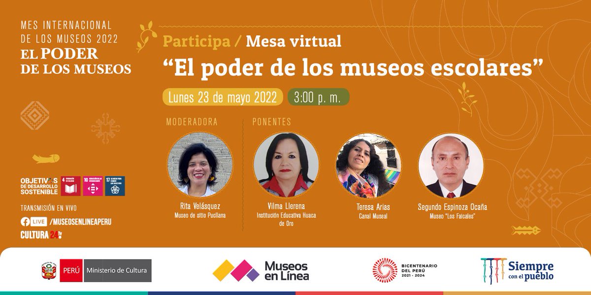 📌Conéctate a la segunda mesa virtual. 
👉🏽Empiezan este 23 de mayo por el #MesInternacionalDeLosMuseos.

Conoce más temáticas de las mesas virtuales aquí: bit.ly/MesasVirtuales…

#DIM2022 #MuseosPeruanos #MuseosEnLinea
