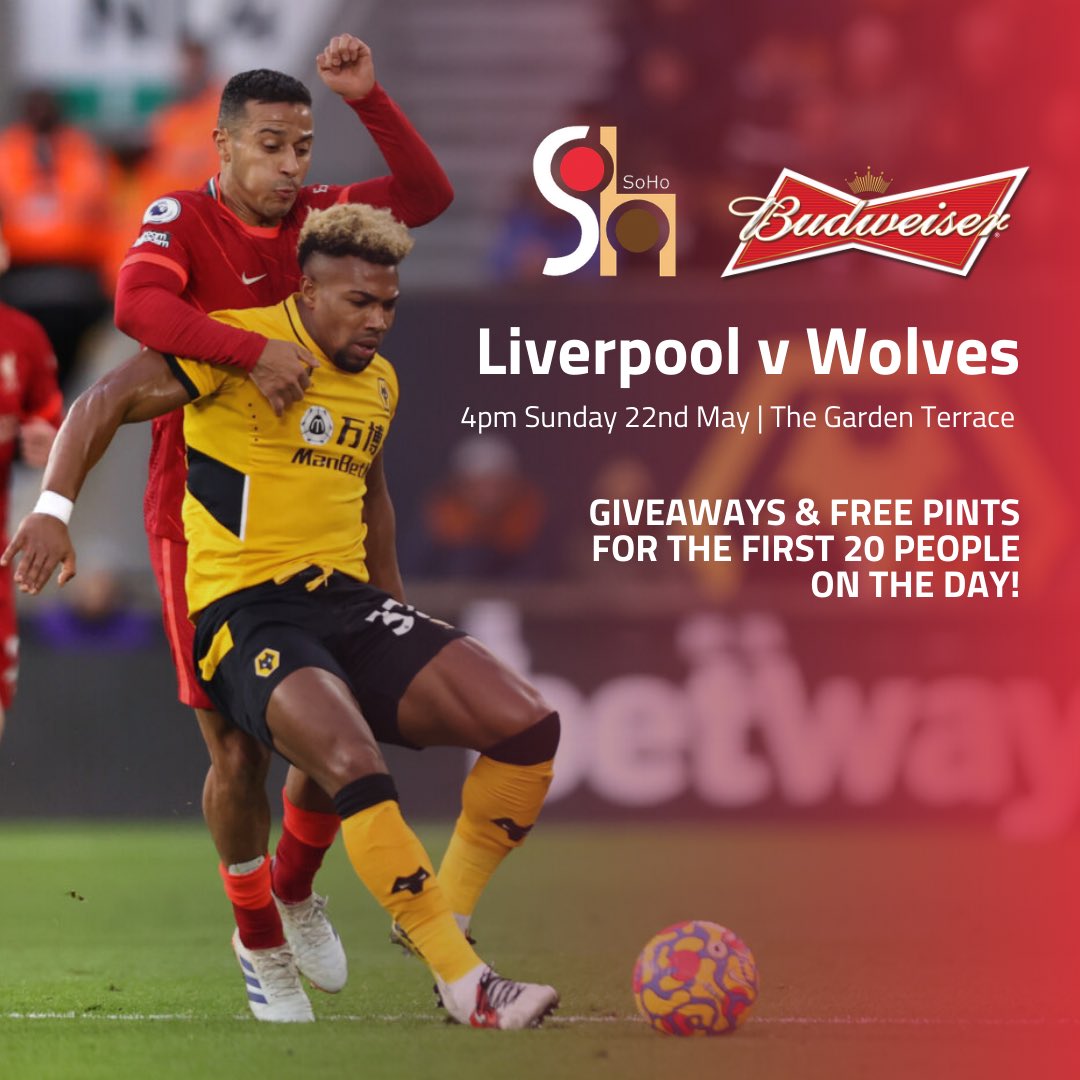 Liverpool V Wolves 👋🏼⚽️ Join us this Sunday in the Garden Terrace from 4pm in collaboration with our friends at @budweiser Giveaways on the day plus free pint on arrival for the first 20 🍻 Book your spot via our website or give us a call on 021 422 4040 #sohobarcork