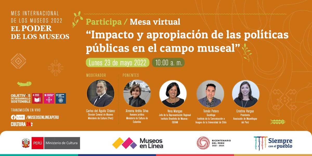 🔴¡Conéctate a las mesas virtuales!

Este lunes 23 de mayo empiezan más actividades programadas por el #MesInternacionalDeLosMuseos🤩.

Conoce más temáticas de las mesas virtuales aquí: bit.ly/MesasVirtuales…

#DIM2022 #MuseosPeruanos #MuseosEnLinea