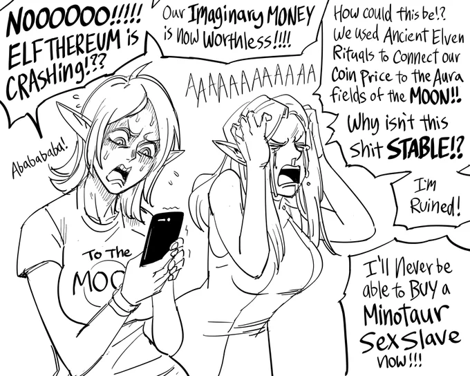 Patreon request:
Elf cryptocurrency traders responding calmly and rationally to the current volatility in the market.
Elves are extremely intelligent and wise creatures, so they can easily predict the trends of silly human financial toys. 