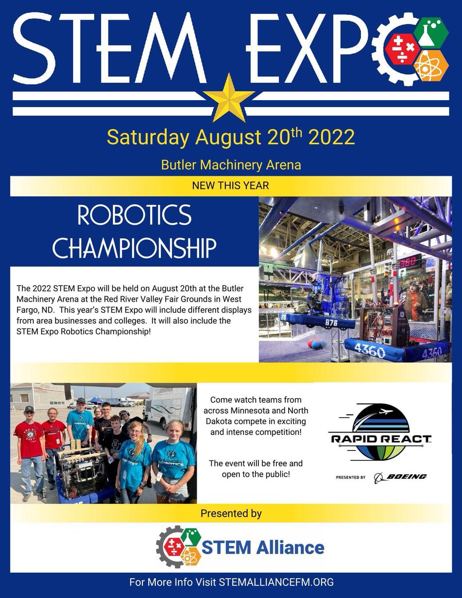 Excited to announce the 2022 STEM Expo!

We are looking for FRC teams to compete and Volunteers to help run the event! 

Sign up here: stemalliancefm.org/2022-STEM-Expo/

Businesses, Organizations, and Colleges-
Are you interested in attending?  
Email: contact@stemalliancefm.org