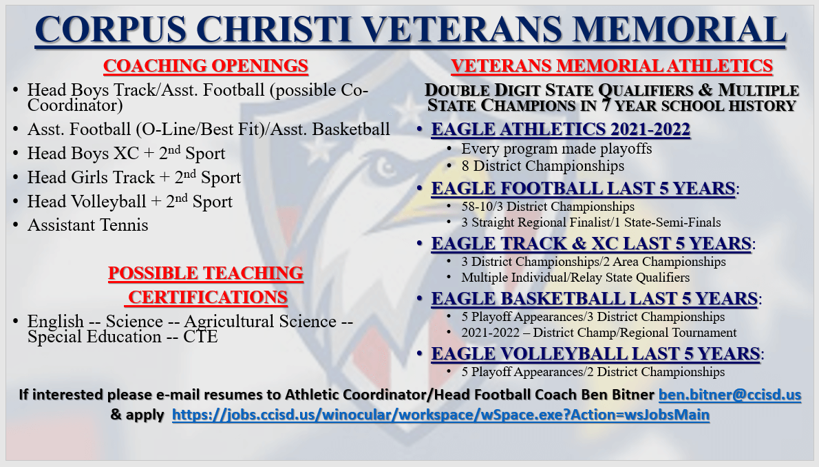 Corpus Christi Veterans Memorial is looking for Coaches who want to come work at a great school, in a great community, a great administration, and great kids.
If interested please e-mail resume to AC/Head Football Coach Ben Bitner at ben.bitner@ccisd.us.
<a href="/Matt_Stepp817/">Matt Stepp</a>
