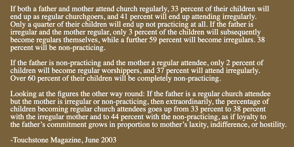 sarv127's tweet photo. If a father does not go to church (no matter how frequently his wife goes) only one child in 50 will become a regular worshipper into their adult years. It's fascinating to see how a father's faith has such a strong impact on the lifelong faith of his children! https://t.co/oNAeImYLgp