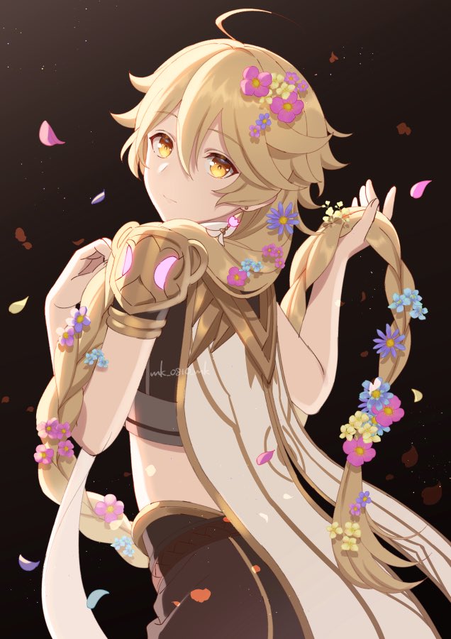 aether (genshin impact) 1boy flower blonde hair male focus hair flower yellow eyes long hair  illustration images