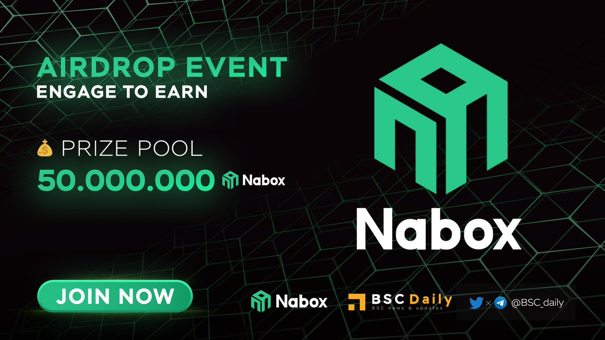 🔺 AIRDROP EVENT 🔺 #BSCDaily x <a href="/naboxwallet/">Nabox</a>

💰 50,000,000 $NABOX for 50 winners

🗓 Duration: May 20th - May 27th

Tasks:
1. RT &amp; Tag 3 FRs
2. Follow <a href="/naboxwallet/">Nabox</a>
3. Join t.me/naboxcommunity
4. Join t.me/bsc_daily
5. Submit wallet here: docs.google.com/forms/d/1RkxT-…