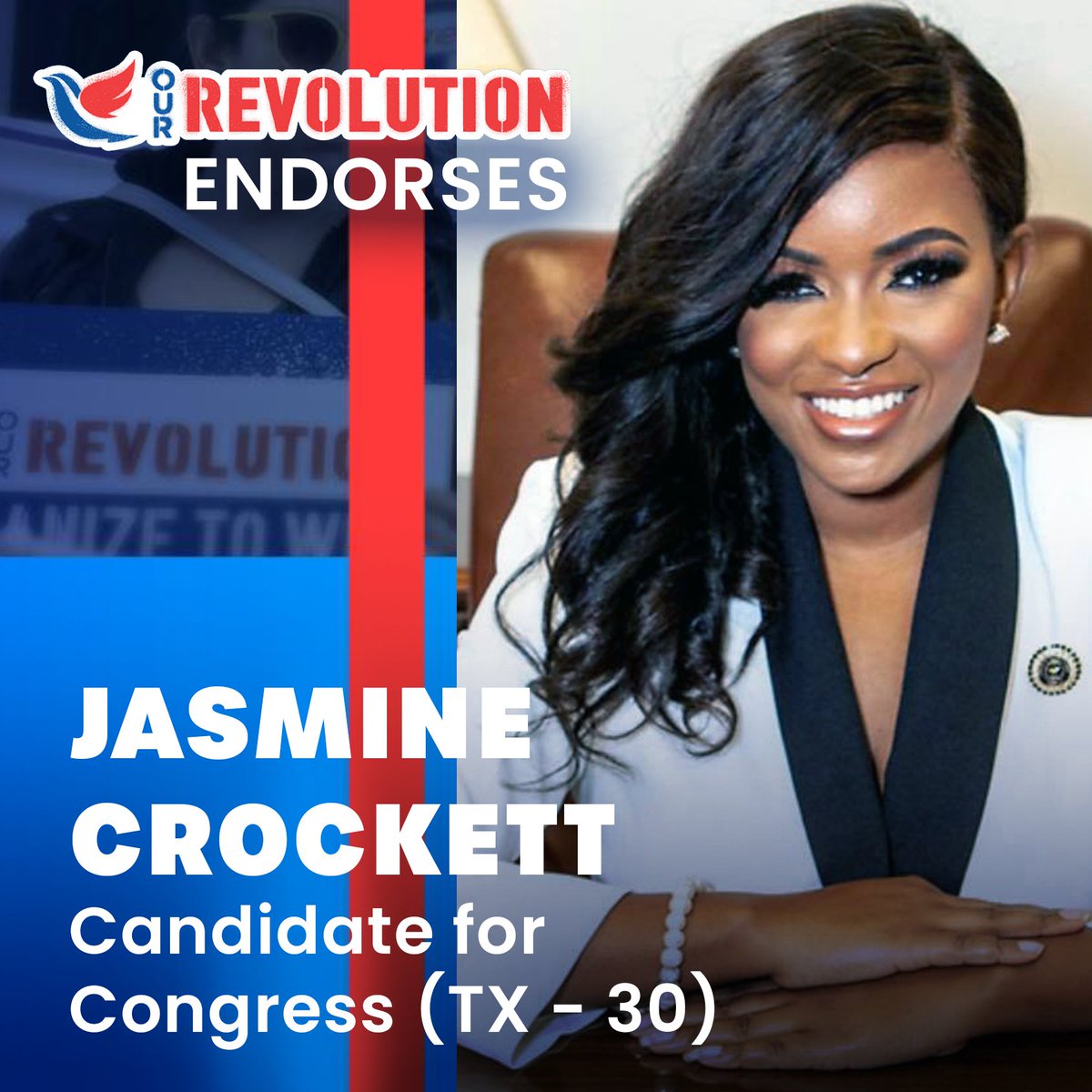 OurRevolution's tweet photo. The #TX30 run-off is a tight race between @JasmineForUS’s grassroots support and the Corporations’ chosen candidate. Help Jasmine get over the finish line! Vote for her today or on 5/24 ➡️https://t.co/gxPJO5XUc3 https://t.co/QT7DQvGw3j