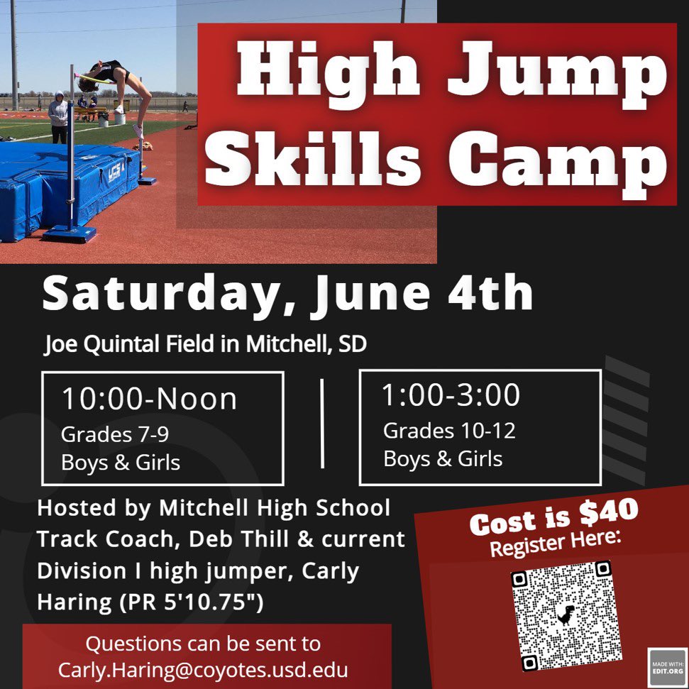 Carly_Haring's tweet photo. High Jumpers! Coach Thill and I are doing another camp this summer! This camp provides education about the sport and teaches athletes a variety of drills to improve their jumping. Scan the QR code or follow this link to sign up: https://t.co/x3AweamGqU https://t.co/c4LFlHJ4dL