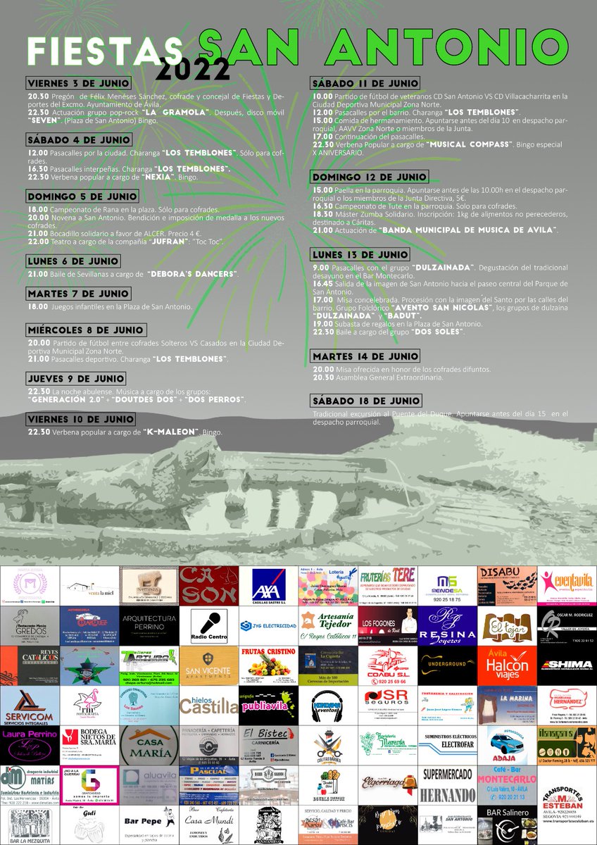 Por fin!!!
Después de dos años volvemos a disfrutar de nuestras fiestas. Aquí os dejamos el cartel de fiestas de San Antonio 2022. 
Estáis todos invitados.
Agradecer a todas las empresas y comercios que colaboran con nosotros para hacer esto posible. Viva San Antonio!