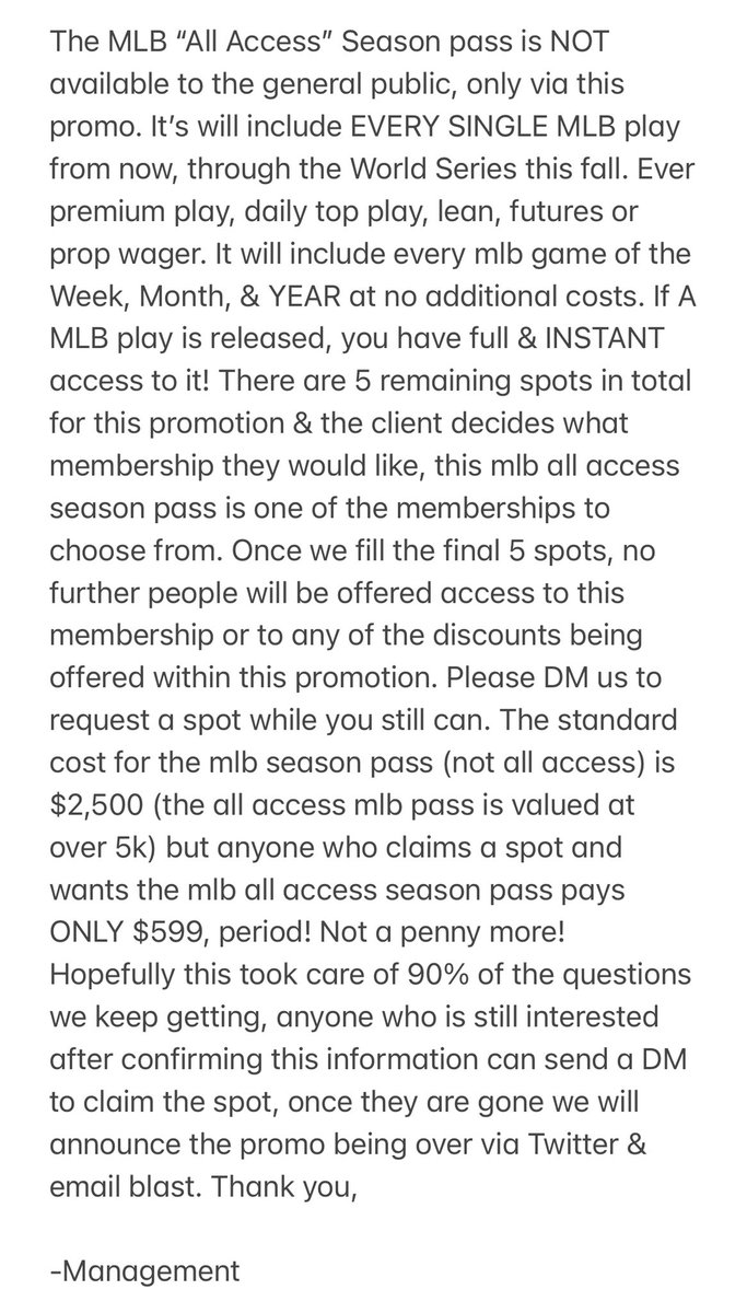 PicksChase's tweet photo. Due to the amount of DM’s we are getting in regards to the mlb season promotion, we want to clarify things we continue to be asked. Hopefully this will answer most questions from folks who reached out, along with anyone concerned with the details of this promo. See picture https://t.co/TZ4DfCBwco