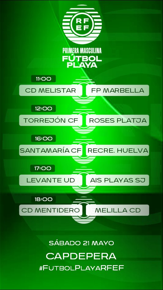 😁 Si te has quedado con ganas de más #FútbolPlayaRFEF ⚽️🏖, no te preocupes, este sábado día llega la 5ª jornada 📆

📺 Puedes seguir TODO el
🏆 #CampeonatoDeEspaña de 1ª División en directo 📹 a través de <a href="/rfef/">RFEF</a>

📝 Y para que te organices bien, aquí tienes el horario completo