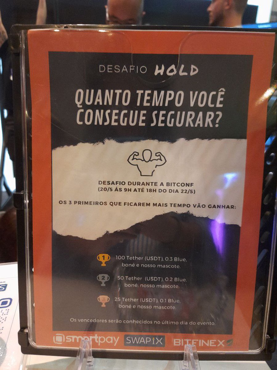 BitfinexPOR's tweet photo. DESAFIO HOLD ! 

Corre até o estande da @bitfinex e da SmartPay para participar desse desafio incrível valendo vários prêmios 🤩

Você topa o desafio ? 💪

#Bitconf #SWAPIX https://t.co/UvbbMnr3x3