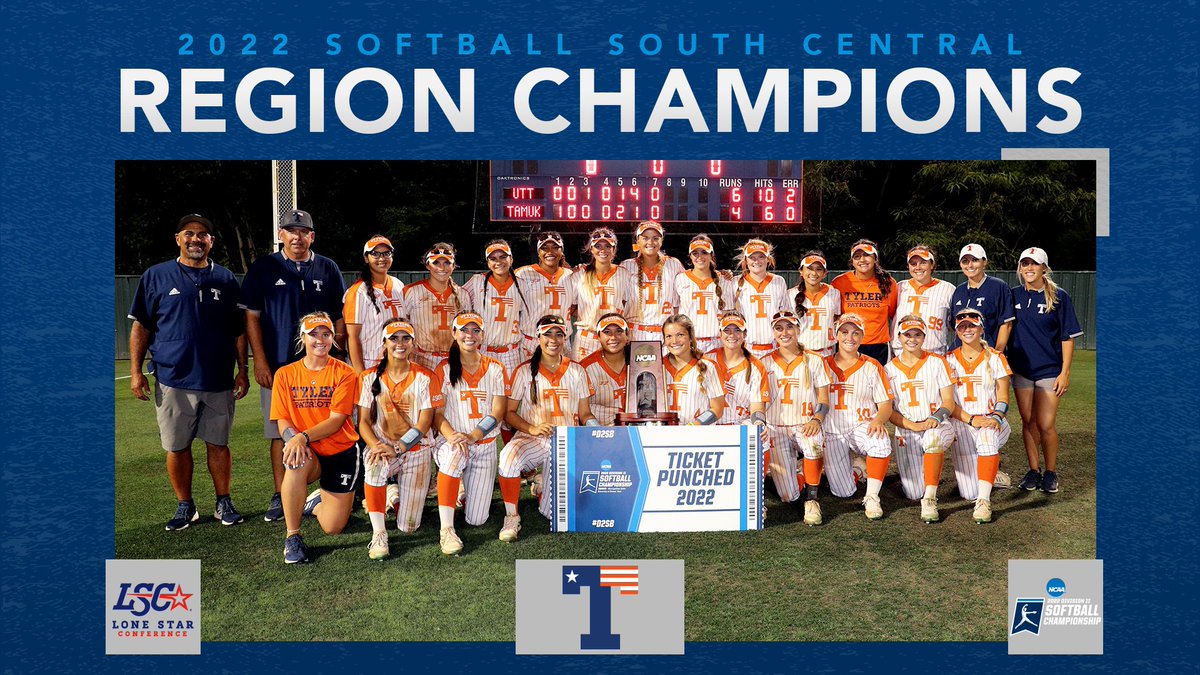 LoneStarConf's tweet photo. 𝟮𝟬𝟮𝟮 #D2SB 𝗦𝗢𝗨𝗧𝗛 𝗖𝗘𝗡𝗧𝗥𝗔𝗟 𝗖𝗛𝗔𝗠𝗣𝗜𝗢𝗡𝗦 🥎🏆

The @uttylerpatriots are 𝘿𝙀𝙉𝙑𝙀𝙍 𝘽𝙊𝙐𝙉𝘿 🎟️ after claiming their 1⃣st regional championship in the final game of the Super Regional! Congratulations, Patriots! #LSCsb https://t.co/G5HVilDtk9