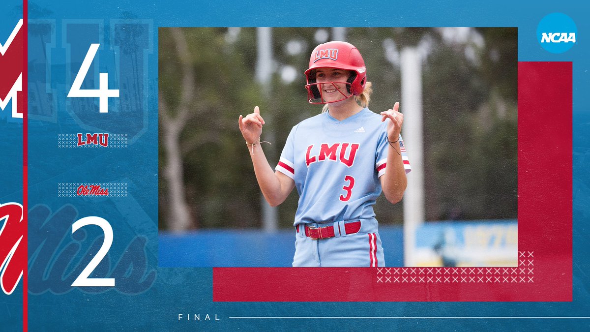 lmulionsSB's tweet photo. Lions Win!

The four-run first inning is all we needed. Jenna Perez gets all 21 outs!

LMU returns to Easton Stadium Saturday at 2:00 PM to face the winner of UCLA/GCU.

#JoinThePride | #RoadToWCWS https://t.co/d0vYyqNErl