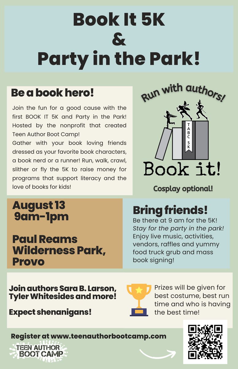 TeenAuthorBC's tweet photo. It's time to Book It! Run with authors for a good cause! Cosplay optional 5K and Party in the Park to raise money for programs that give free books and literacy support for kids in need! Sign up now! #writingcommunity #nonprofit #running 
https://t.co/OWYtsJSmMz https://t.co/RYyhjpwRGs