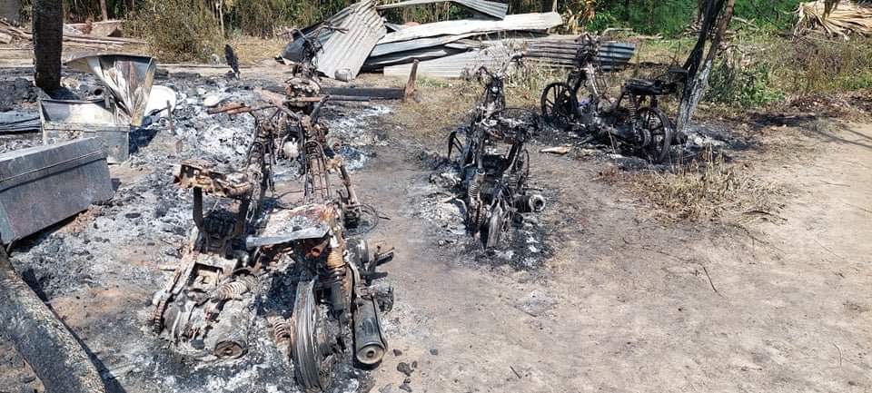 Chanapai247's tweet photo. These are photos of #MuuTharKone village, YeU township, captured after the arson of junta terrorists on May 19. As we can see in photos, they had set on fire to even the motorcycles.

#2022May21Coup 
#WhatsHappeningInMyanmar https://t.co/npGlpGmwal
