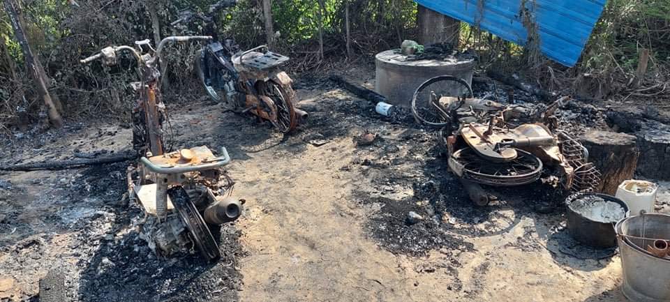 Chanapai247's tweet photo. These are photos of #MuuTharKone village, YeU township, captured after the arson of junta terrorists on May 19. As we can see in photos, they had set on fire to even the motorcycles.

#2022May21Coup 
#WhatsHappeningInMyanmar https://t.co/npGlpGmwal