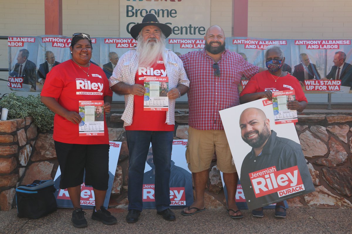 sam_jones444's tweet photo. While heading into cast his vote, Labor Durack candidate Jeremiah Riley said he's feeling confident.

Pictured with Kimberley MLA Divina D'Anna, Senator Pat Dodson and MLC Rosie Sahana.

No sign of a democracy sausage though... The search continues #AusVotes22 #Durackvotes https://t.co/N0EivbMc25