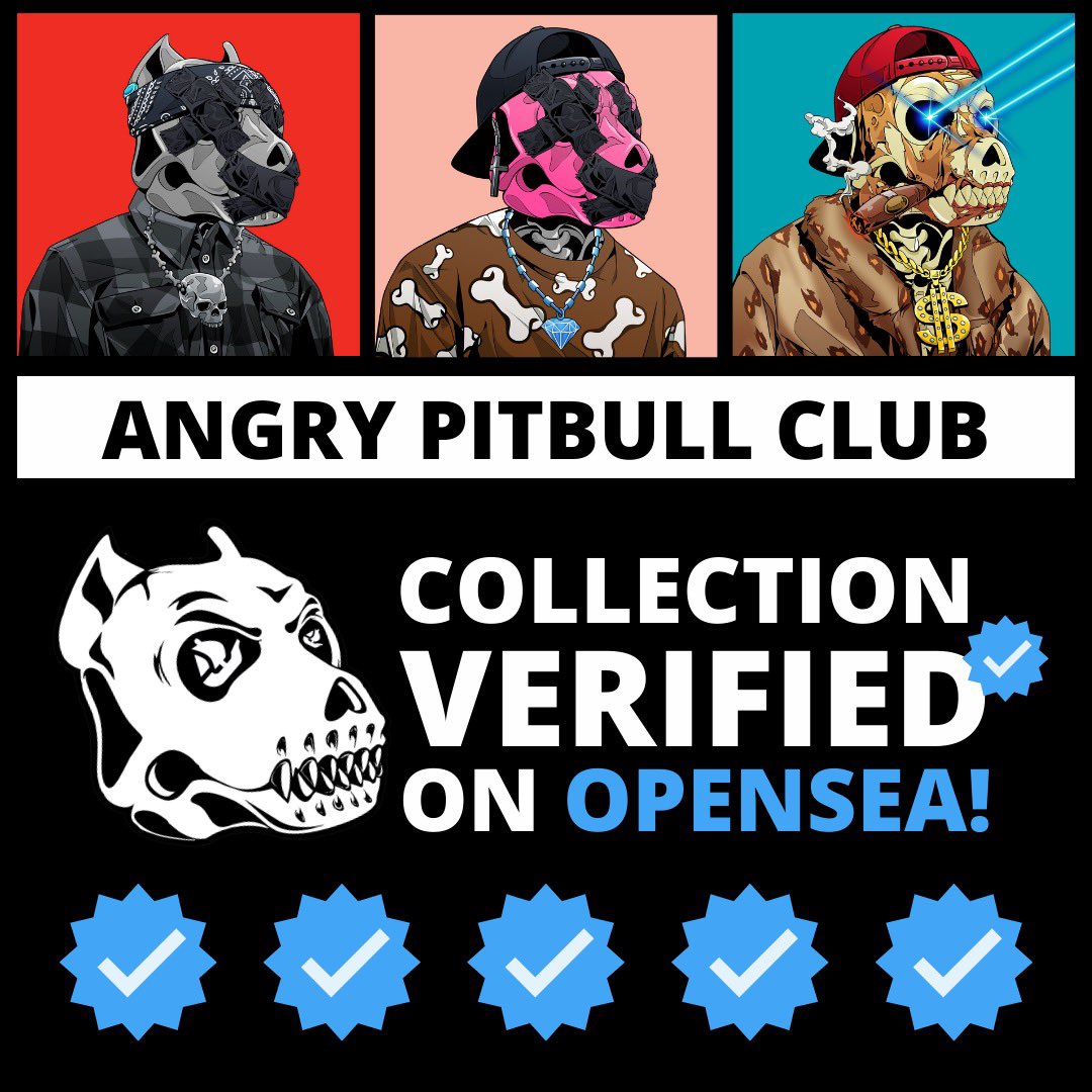 AngryPitbullCLB's tweet photo. APC FAM! The moment we’ve all been waiting for has ARRIVED— ANGRY PITBULL CLUB COLLECTION IS VERIFIED ON @opensea !!! 🐕🎉🐕🎉👏👏👏✅✅✅📈📈 LFG🥳🔥
#angrypitbullclub #wedontstop https://t.co/IOMcsjf7Fz