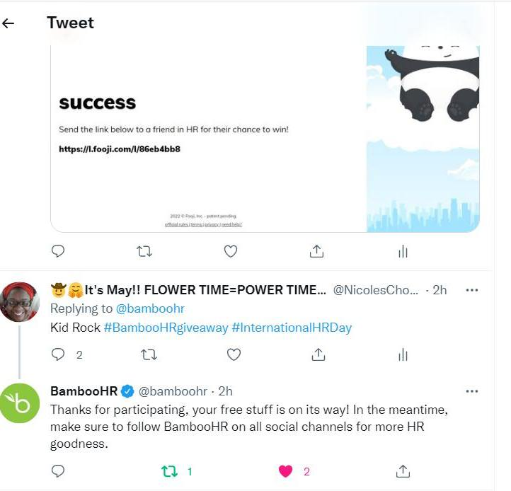 NicolesChoice1's tweet photo. @bamboohr #Twitter Win -
πππ₯³πYAHOOOOO! Thank YOU @bamboohr for the great #InternationalHRWeek giveaway prize win!! I am excited to see exactly what GROOVY PRIZES I've won!! Have a great weekend! #SUCCESS!! #BambooHRgiveaway #InternationalHRWeek π₯³π₯³π€©π₯° https://t.co/saB6eDehKx