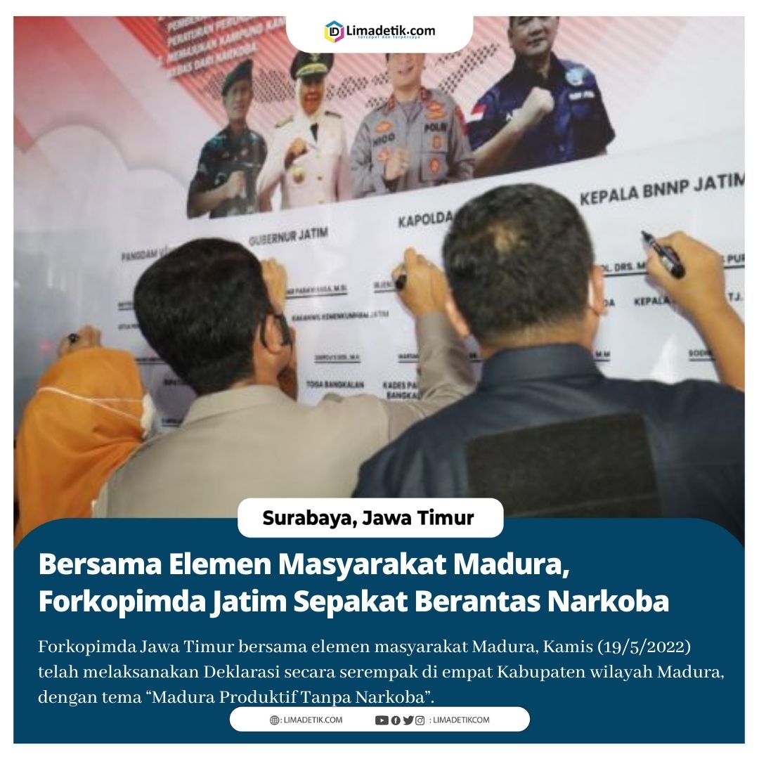 LimadetikCom's tweet photo. Forkopimda Jawa Timur bersama elemen masyarakat Madura, Kamis (19/5/2022) telah melaksanakan Deklarasi secara serempak di empat Kabupaten wilayah Madura, dengan tema “Madura Produktif Tanpa Narkoba”...

Baca selengkapnya di https://t.co/ItZpg66ZGY https://t.co/Mh7zxthbAP