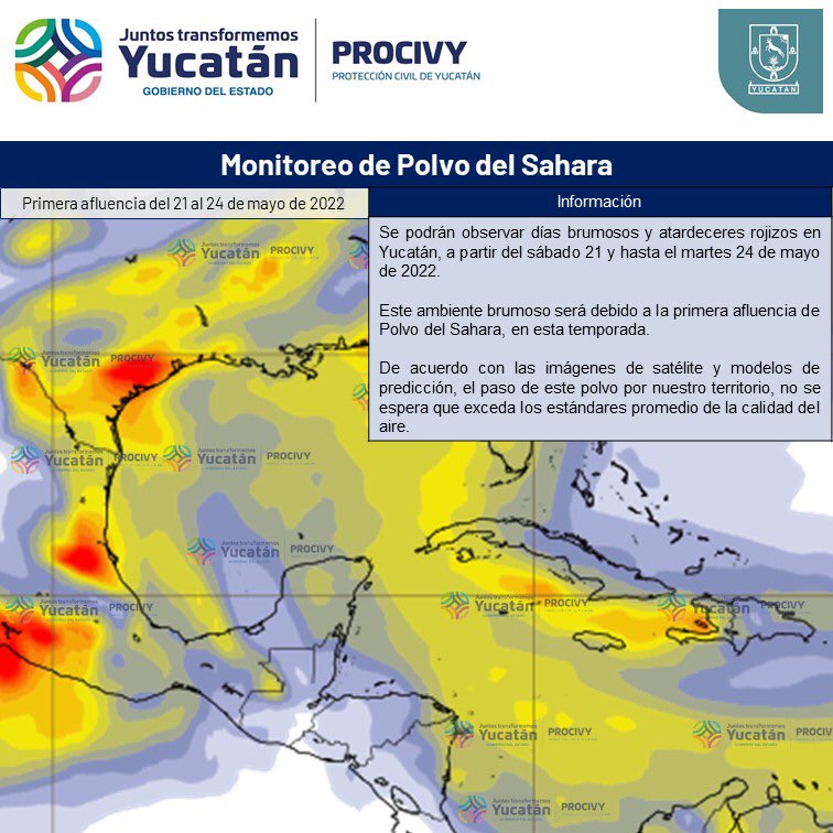 procivy's tweet photo. #Aviso

Debido al paso de polvo del Sahara por nuestro Estado, tendremos días brumosos y atardeceres rojizos a partir del sábado 21 y hasta el martes 24 de mayo, situación que no representa ningún riesgo para #Yucatán.
Más información en: https://t.co/6X17rS6oJV
#ProtecciónCivil https://t.co/8vodR4Ow9X