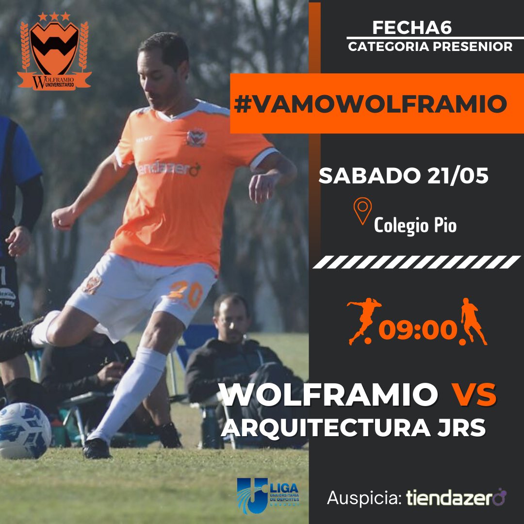 Anaranjados!!!
Este Sábado la Pre Recibe a Arquitectura jrs en
Colegio Pio!
#VamosWolframioDeMiCorazon