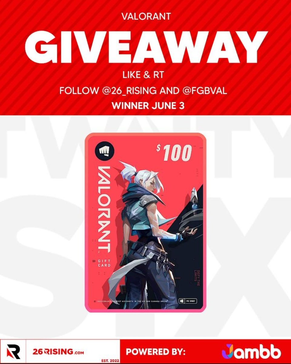 fgbelal's tweet photo. 🔥 $100 Valorant Card Givaway
brought to you by @26_Rising🔥

       TO ENTER : 
✅Retweet🔁 &amp; Like ❤️ 
✅Follow @fgbVAL
✅Follow @26_Rising

Tag @ 2 Friends! 
Winner will be announced 6/3
GOOD LUCK!  #Valorant #Giveaway https://t.co/mPBEOsJ9Yf