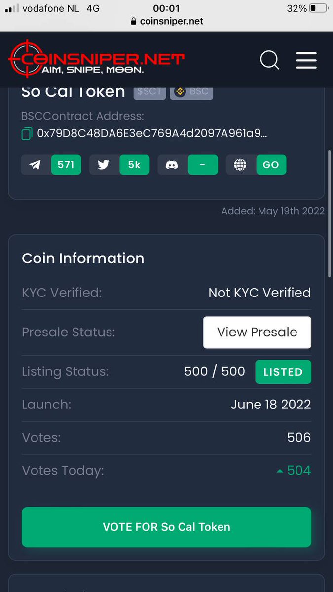 We are officially listed on Coinsnipers! Over 500 votes in 24hrs, thank you So Cal Family!!!

coinsniper.net/coin/32745

#SoCalToken #vote #StrongerTogether #coinsniper #BSC #nostoppingus