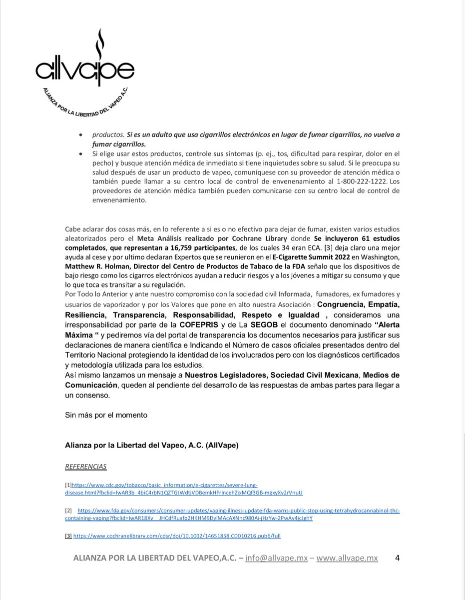 allvapemx's tweet photo. Posicionamiento ante la "Alerta Máxima" emitida por @COFEPRIS y @SEGOB_mx 

Referencias:
@CDCgov [1] https://t.co/4jx7Ld9rOl
@FDATobacco [2] https://t.co/f6BkYTT9o1
@cochranecollab [3] https://t.co/2KB5uEyOLM https://t.co/XT5FcgjrBM