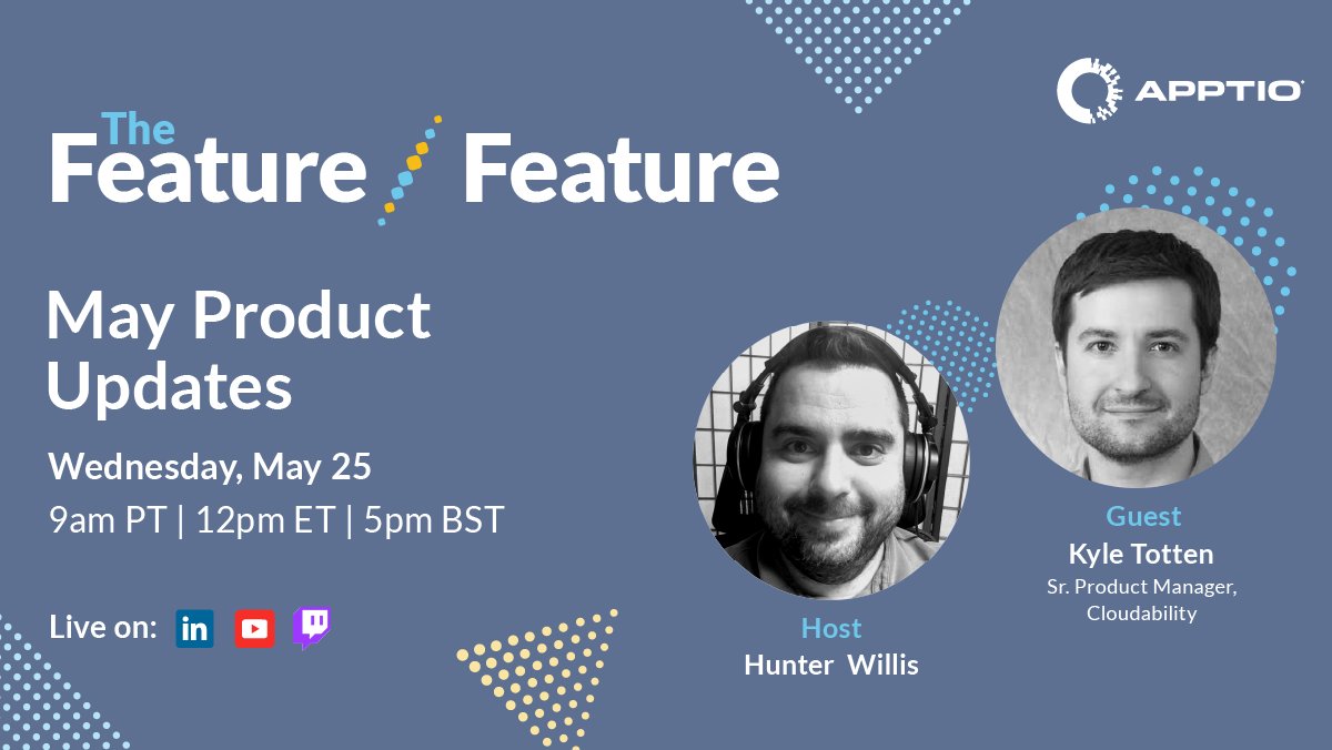 Apptio's tweet photo. May #FeatureFeature product updates are exciting!
Tune in to the latest episode on Wednesday, May 25 at 9 AM with Hunter Willis and Kyle Totten to learn whatβs new in ApptioOne, Cloudability, Apptio BI, and Targetprocess.
https://t.co/Vt4yE5xvrl https://t.co/ZXIrPMV765