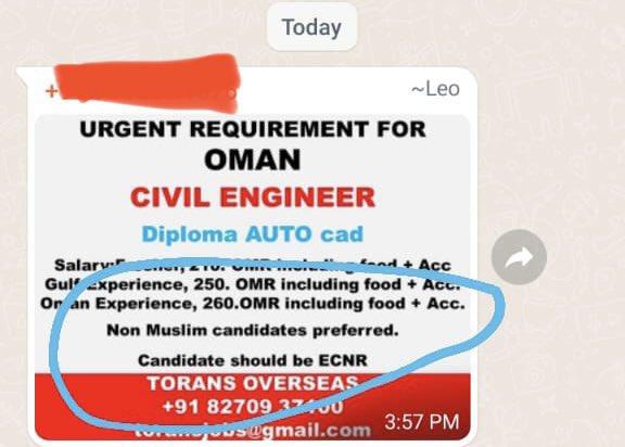 cjwerleman's tweet image. “Non-Muslim candidates preferred.”

Job advertisement in India for an employment opportunity in Oman, a Muslim majority country.