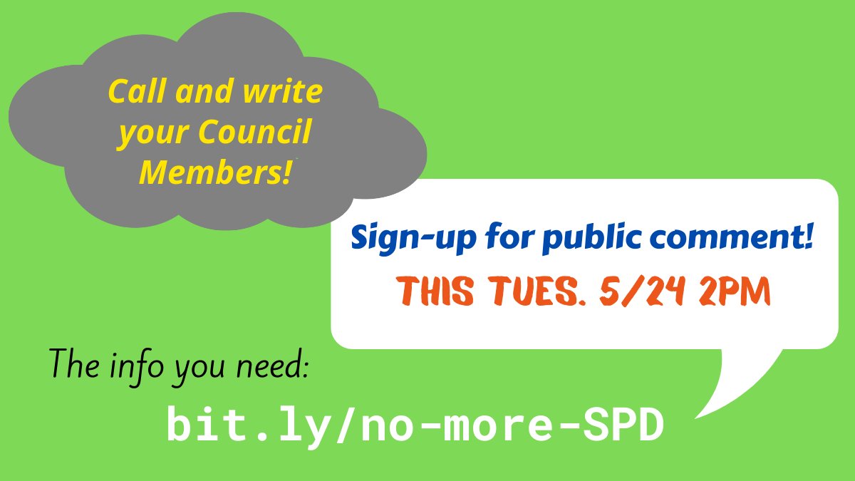 DecrimSeattle's tweet photo. Make zoom public comment this Tuesday 5/24. Sign-up opens at noon for 2pm hearing.
Fill Council inboxes and voice mails to say "Not one penny for cop hiring incentives."
Everything you need to take action is here: https://t.co/kX7gBEz7DU
#DefundSPD #DefendTheDefund https://t.co/Xf84vQbepy