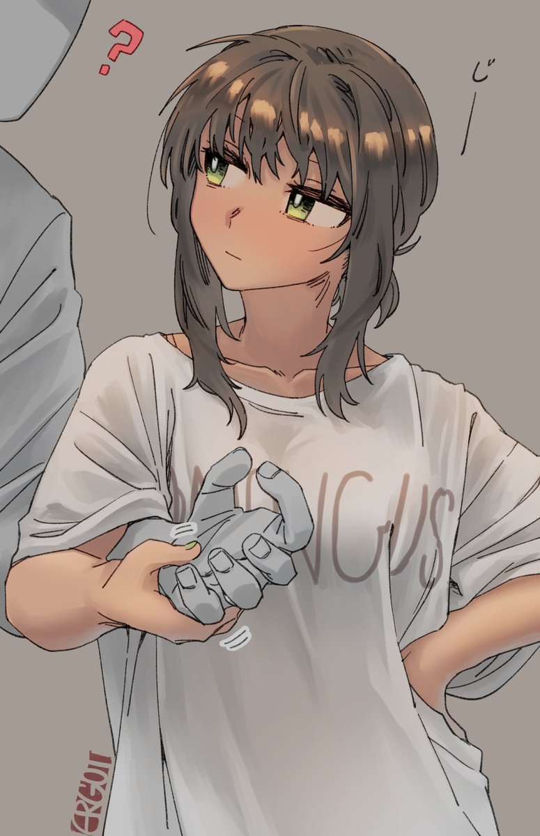fubuki (kancolle) 1girl green eyes shirt clothes writing grey background simple background ?  illustration images
