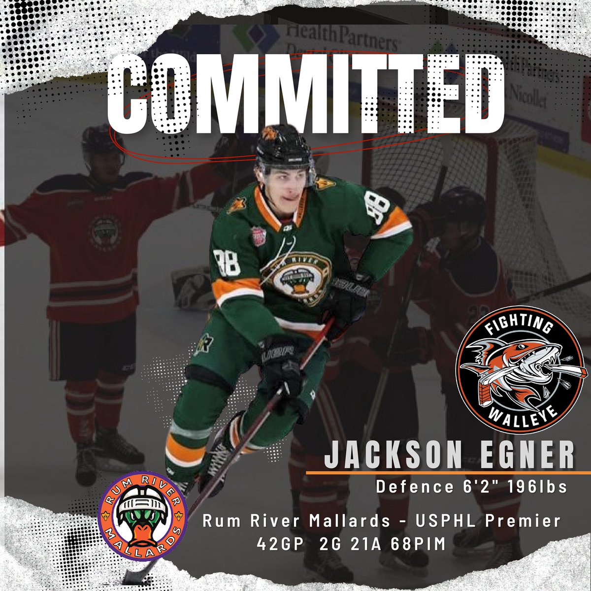 The Kam River Fighting Walleye are pleased to announce the commitment of ‘04-born Jackson Egner

The 6’2” 200 lbs blueliner, from Austin, MN, played for the Rum River Mallards of the USPHL in ‘21-‘22, where he amassed 23 Pts &amp; 68 PIM in 42 GP

Welcome to the Walleye, Jackson!