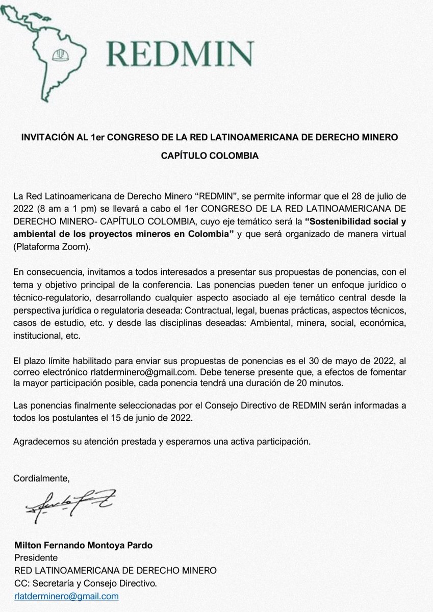Profesionales del sector minero colombiano: Los invitamos a postular su ponencia xa el I Congreso de la Red Latinoamericana de Derecho Minero-Capitulo Colombia 🇨🇴. Enviar su propuesta de ponencia antes del 30 de mayo al correo rlatderminero@gmail.com Bienvenidos !!
<a href="/RRedmin/">Red Latinoamericana de Derecho Minero - REDMIN</a>