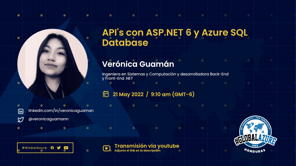 veronicaguamann's tweet photo. 👋 Holaaaa este sábado participaré en el #GlobalAzureHonduras 2022.
📝API's con https://t.co/7eqLKeu77n 6 y Azure SQL Database
📆Sábado 21 Mayo
⏰9:00 am GMT-6 - 10:00 GMT-5
lin👉🏻: https://t.co/JRYLfsjqJF
muchas gracias a @DevTeam504 por la invitación ❤️ https://t.co/C4eX8JiQzi