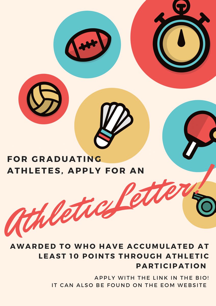 Athletic letters are awarded to graduating students who have had a significant influence on the Athletics program through participation and leadership. Use this link to apply or find the link on the EOM website docs.google.com/document/d/1SX…
