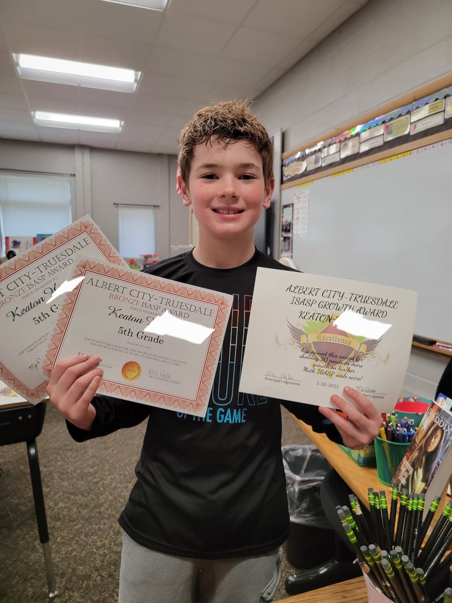 msdirksact's tweet photo. The 5th graders received many awards today! 
Here are the ISASPs awards:
*Emersyn earned a Silver Award in Science, a Silver Award in Math, a Silver Award in ELA, &amp; a Growth Award in Math!
*Keaton earned a Bronze Award in Math, a Bronze Award in Science, &amp; a Growth Award in Math! https://t.co/vzPxweSvhc