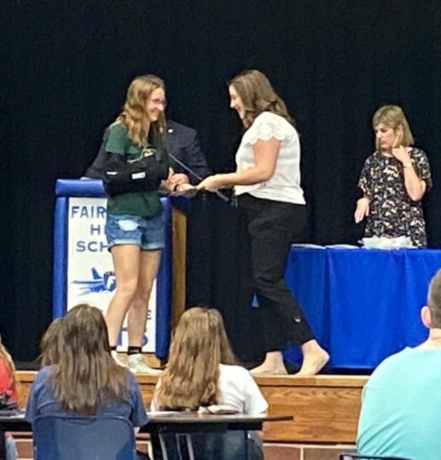 2022 Music Booster Scholarship winner is Katie McKenzie! Katie has been in the Fairlawn Choir since 4th grade and will continue her education in nursing at Wright State University. We are so proud of her! 💙🤍 Pres. April Orsborne presented the scholarship today 🎶
<a href="/Fairlawnk12/">FairlawnK12</a>