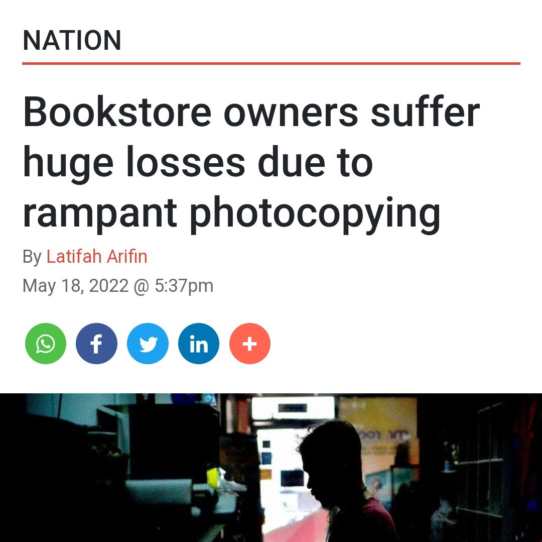 Ini benar terutama di universiti. Ramai yang photostat buku tanpa rasa bersalah. Even dalam universiti sendiri ada kedai photostat yang copy buku 100%. Sedikit pun tak fikir pasal violation of intellectual property. Di negara barat, perkara ini adalah jenayah tapi tidak di sini.