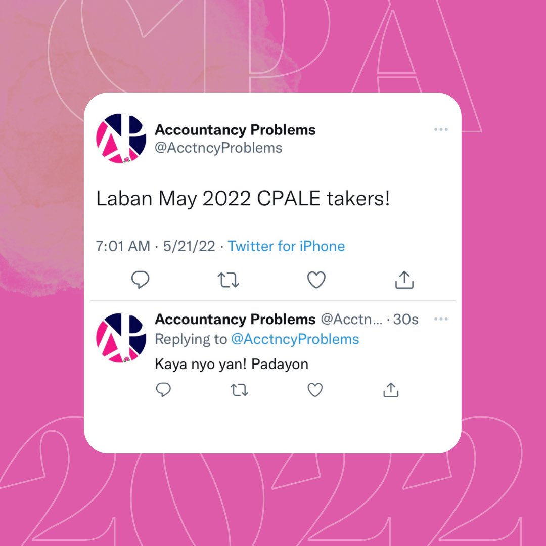 AcctncyProblems's tweet photo. Laban May 2022 CPALE takers :) #CPA2022 https://t.co/khi1Jk2anU