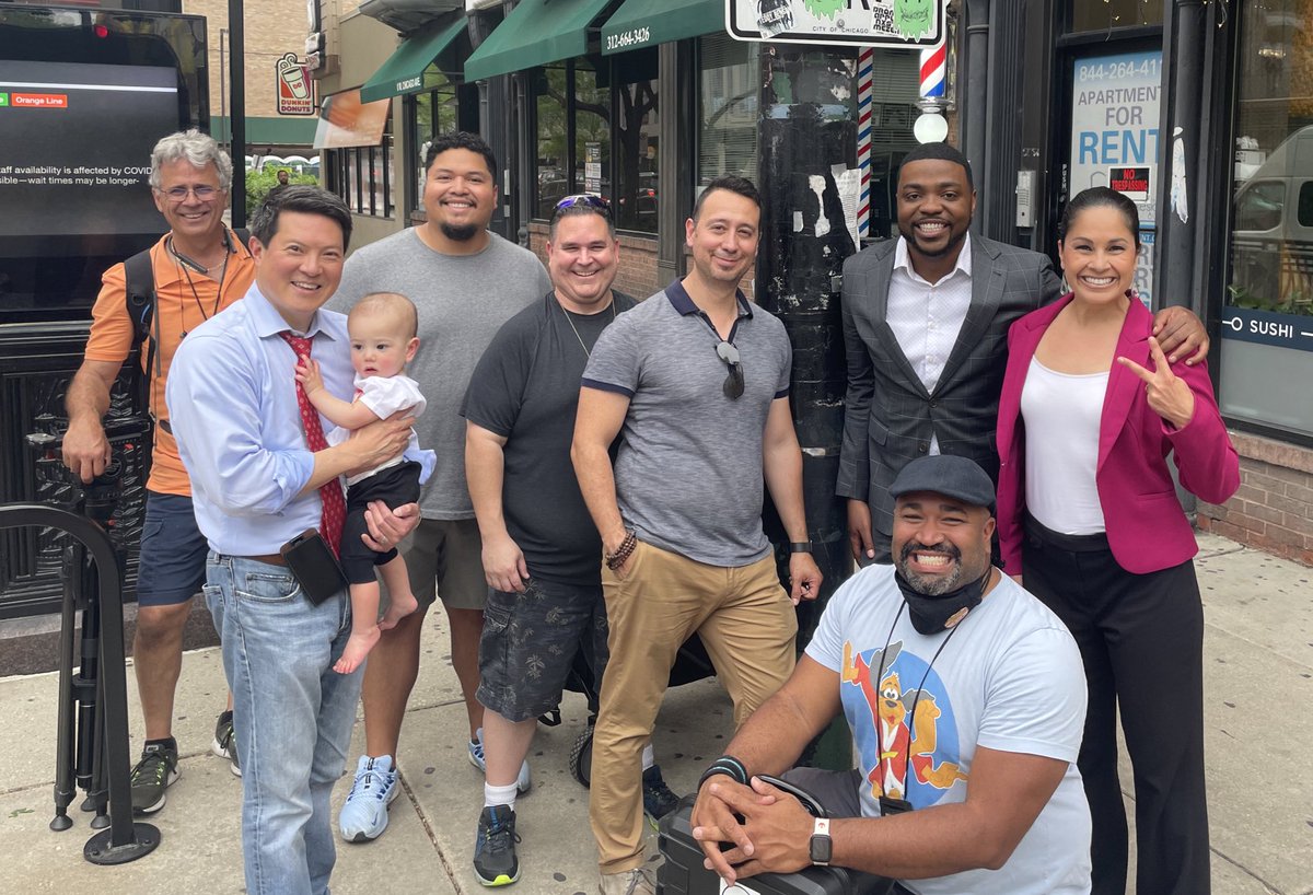 ImTreWard's tweet photo. TEAM @ABC7Chicago: It’s not everyday we get to see each other. 3 crews together, spending the day bringing you latest on what you need to know. This just had to be documented with a pic. 

Shoutout to our honorary crew member, Baby Horng! 💙 https://t.co/KkGh9IDbvX