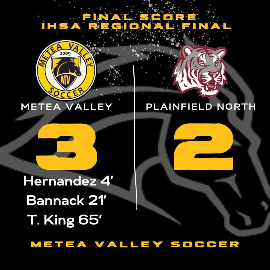 MeteaGirlsSoc's tweet photo. Varsity beats Plainfield North 3-2 to win the IHSA Regional Final. Goals from Liv Hernandez, Kaylee Bannack, and Tyra King. Assists from Lange, Burk, and Barrett. @MeteaBoosters @MeteaAthletics @MVPrincipal1 https://t.co/9oNnlwqpMW