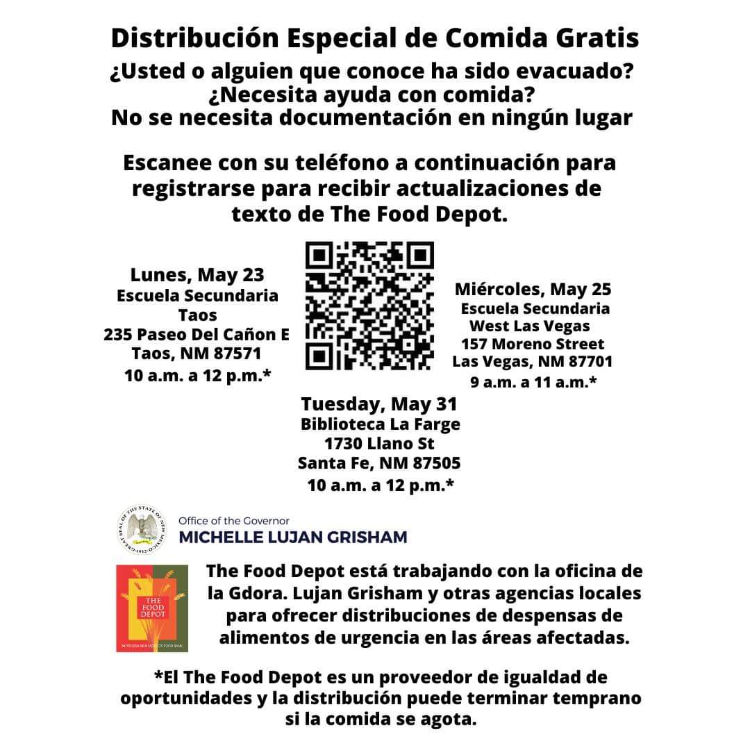 wildfirediva's tweet photo. For those affected by NM #wildfires food is available for those who are in need at 3 locations: Taos 5/23 - Las Vegas 5/25, Santa Fe 5/31. #PleaseShare #PrintPost #NMFire #CalfCanyonFire #HermitsPeakFire #CerroPeladoFire https://t.co/yhLiyvbyfr