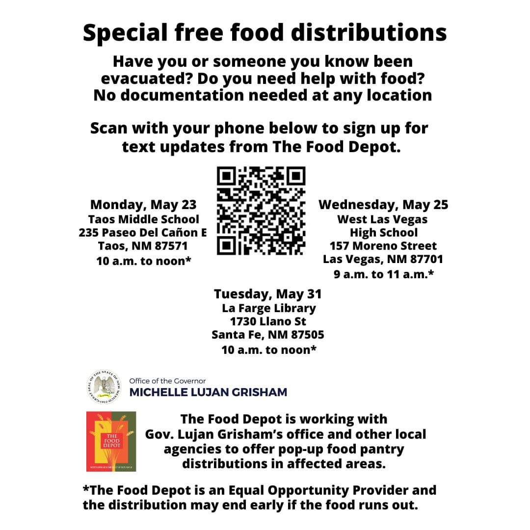 wildfirediva's tweet photo. For those affected by NM #wildfires food is available for those who are in need at 3 locations: Taos 5/23 - Las Vegas 5/25, Santa Fe 5/31. #PleaseShare #PrintPost #NMFire #CalfCanyonFire #HermitsPeakFire #CerroPeladoFire https://t.co/yhLiyvbyfr