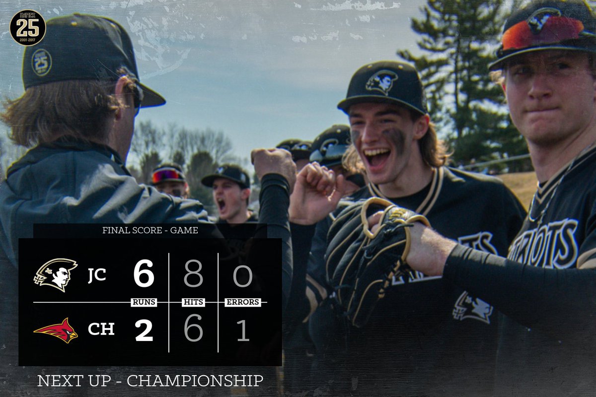 #PatriotBoys do it again! 🚀💣 Arch and Adamski fuel the offense, while Snyder and Bishop keep Cards contained. Monday night. Championship. Be there. We going one game at a time, keep that mojo workin’ #selflessrelentlesspride #jcpatriotsbaseball #startagain @jcpatriotathletics